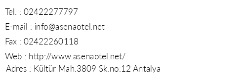 Asena Otel Antalya telefon numaralar, faks, e-mail, posta adresi ve iletiim bilgileri